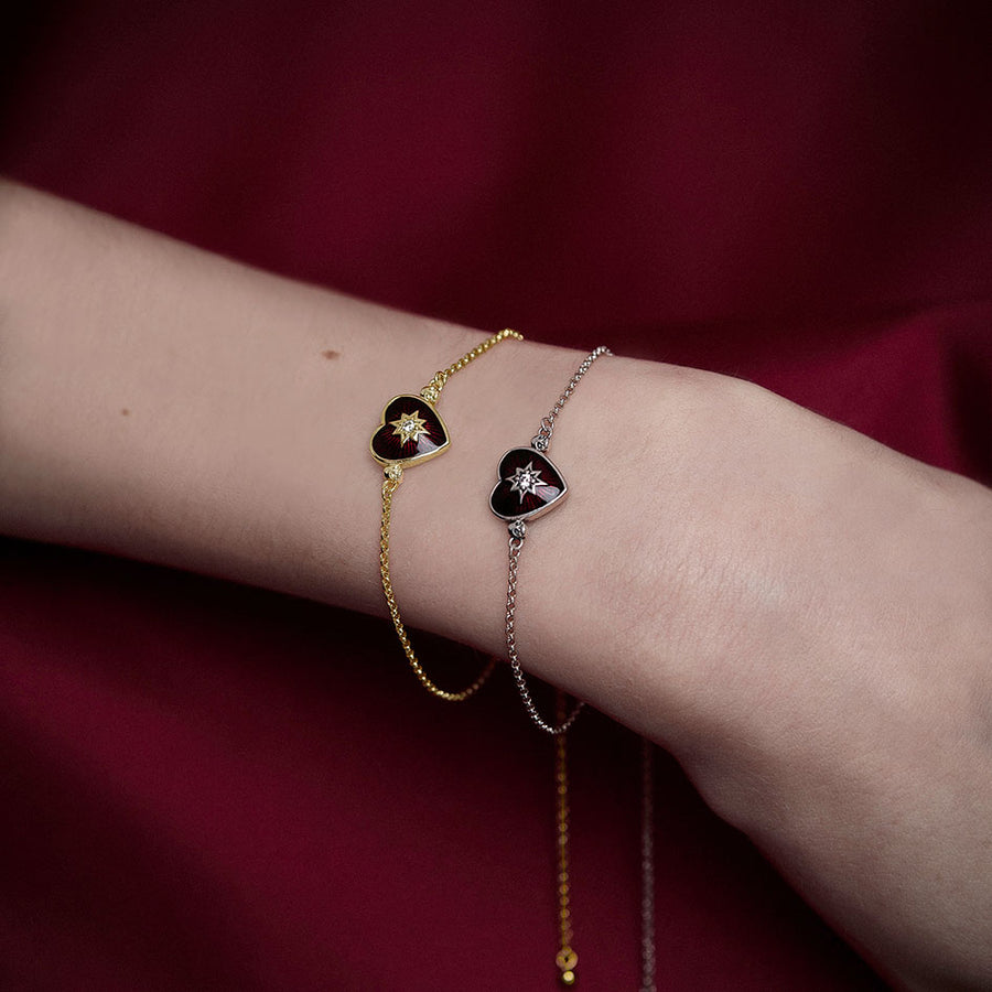 Silver gothic red heart shaped ornate dainty bracelet