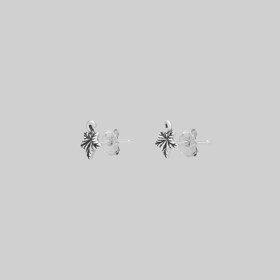 Silver tiny ivy leaf stud earrings, pair with butterfly backs