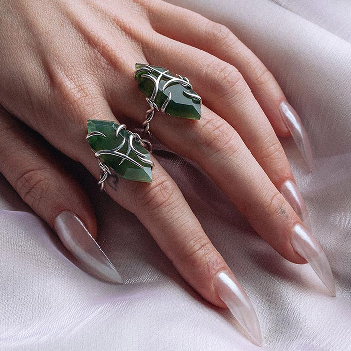 green gemstone silver twist ring