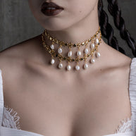 wide double chain choker with ivory pearl drops