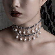 double layered pearl drop silver choker