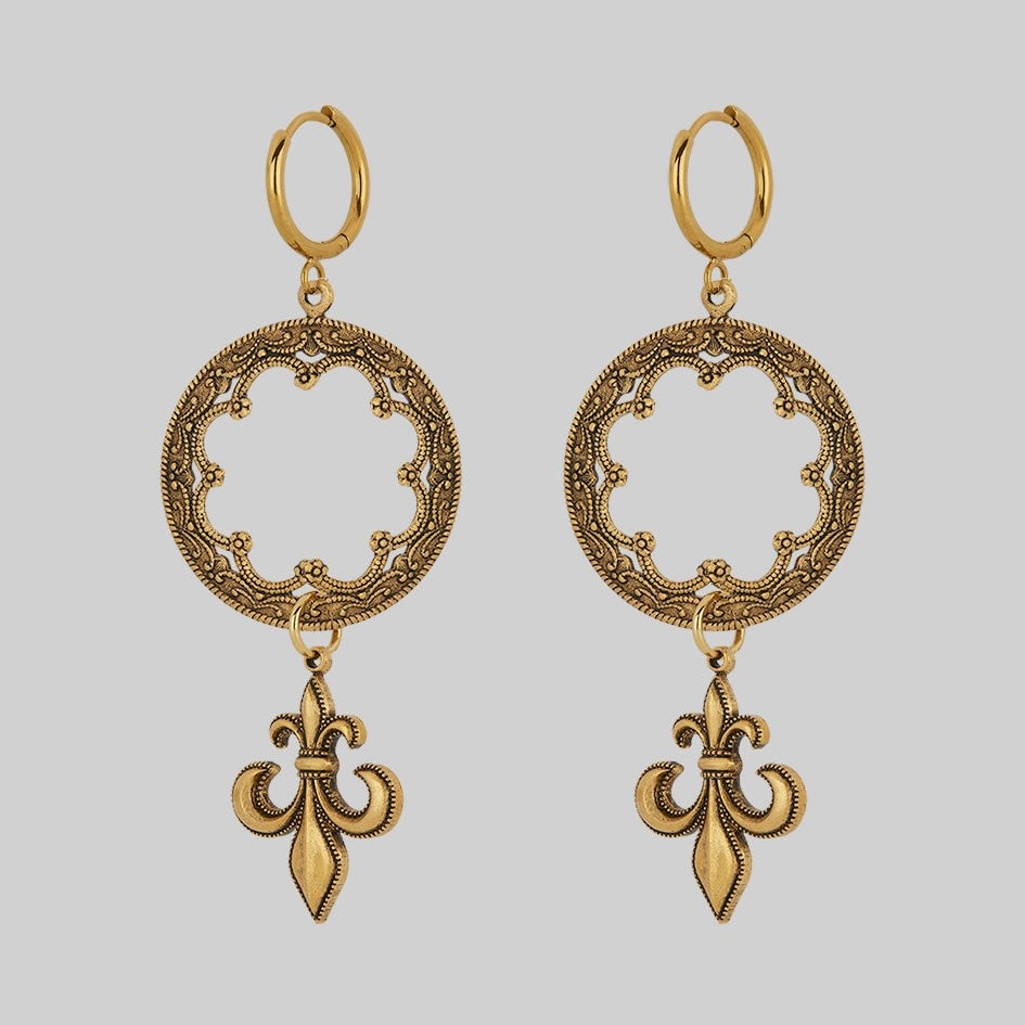 gold gothic detailed fleur-de-lis statement earrings