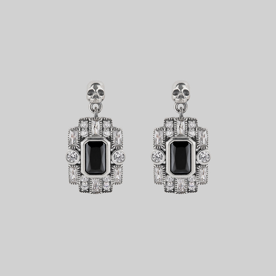 skull black spinel statement silver earrings