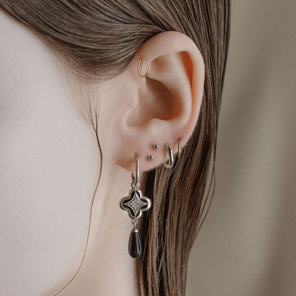 silver enamel vintage inspired black hoop earrings