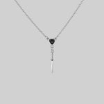 Gothic silver necklace with heart shaped pendant and sword charm dainty alternative jewellery