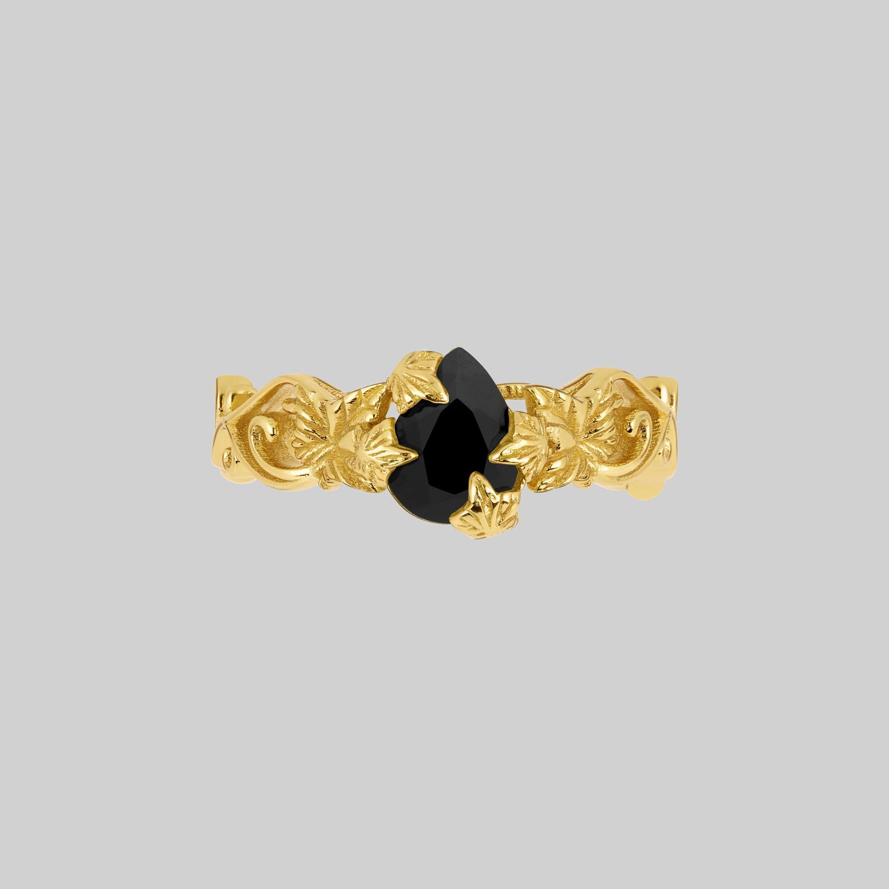 gold black onyx gemstone ring with gothic vines alternative jewellery