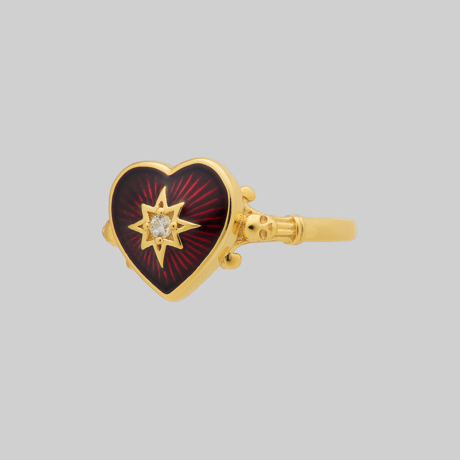 Gold gothic red heart enamel statement georgian inspired ring