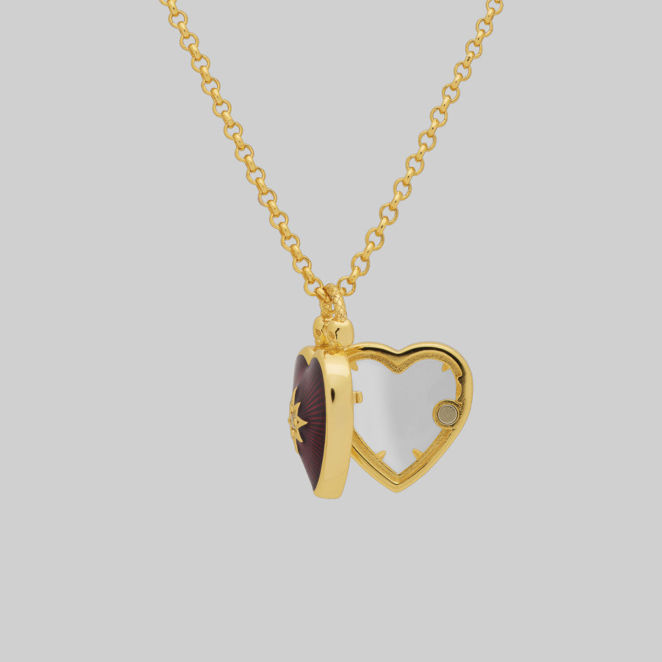 Red gothic heart enamel locket chain vintage style necklace gold