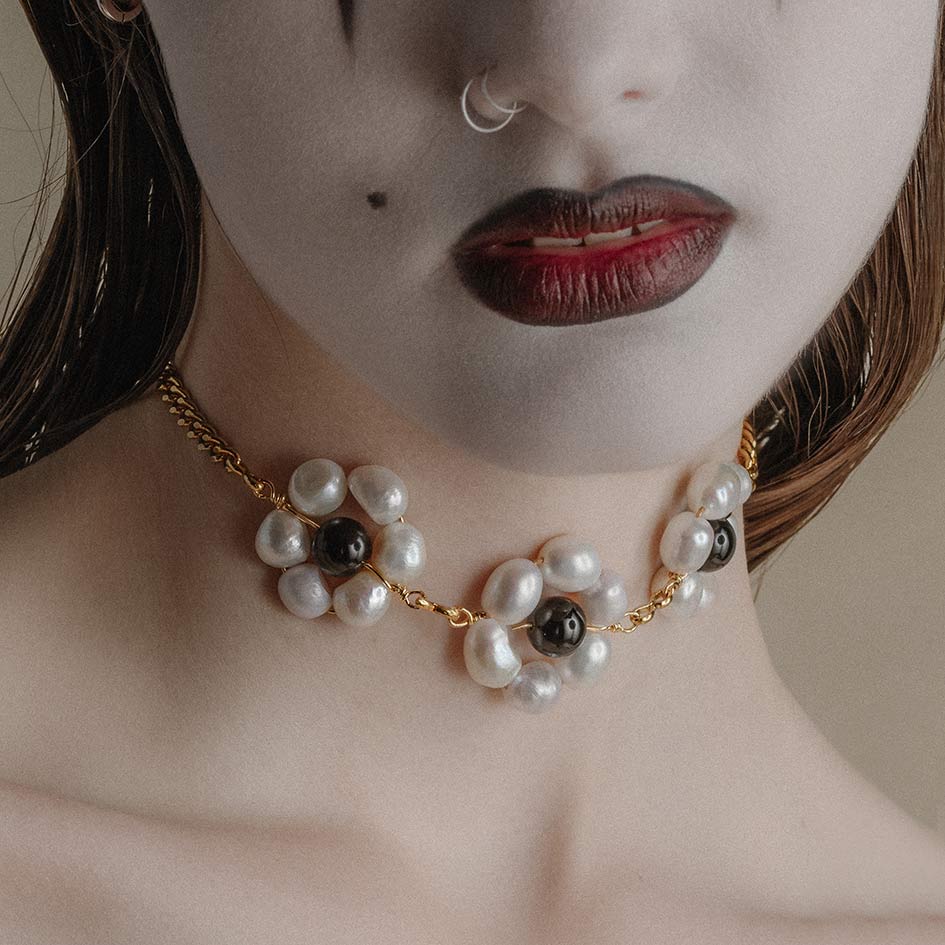 Gold pearl floral whimsical choker