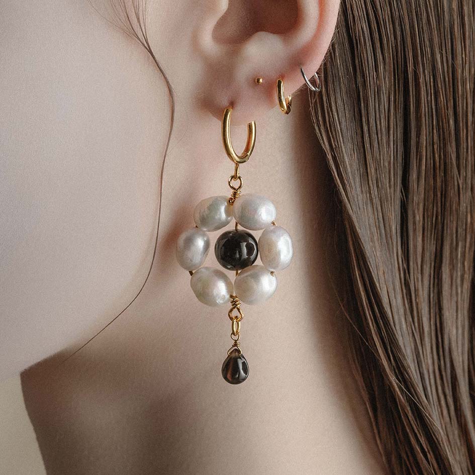 gold floral pearl statement earrings