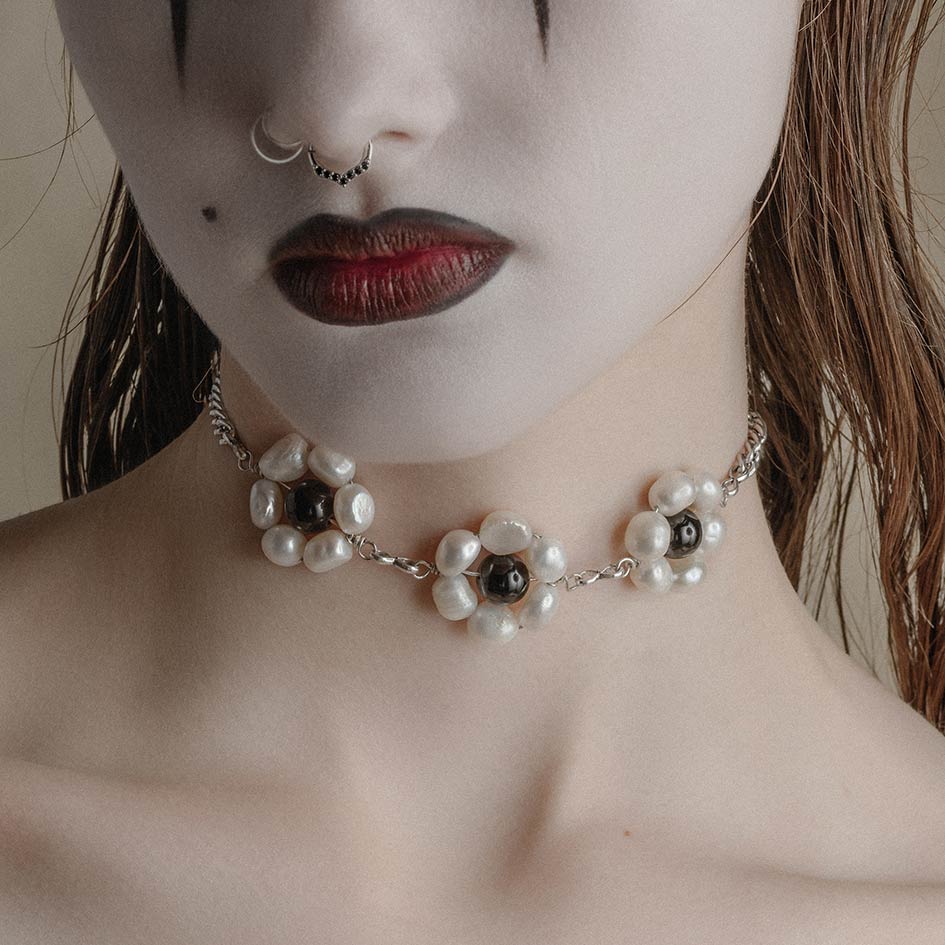 silver pearl floral whimsical gothic choker necklace