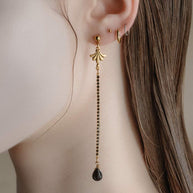 gold black stone vintage style long earrings