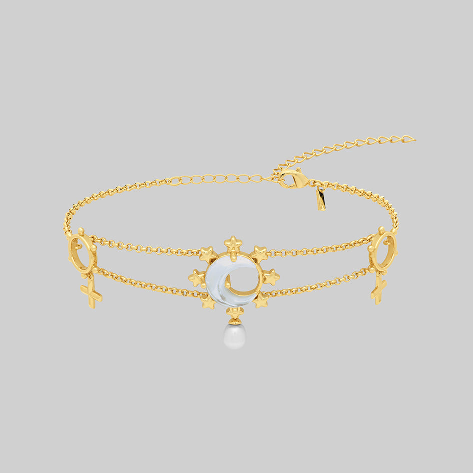 gold crescent moon double layer pearl bracelet