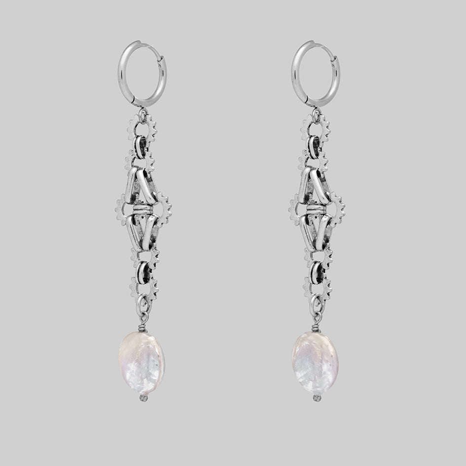 Silver pearl moon statement hoop earrings