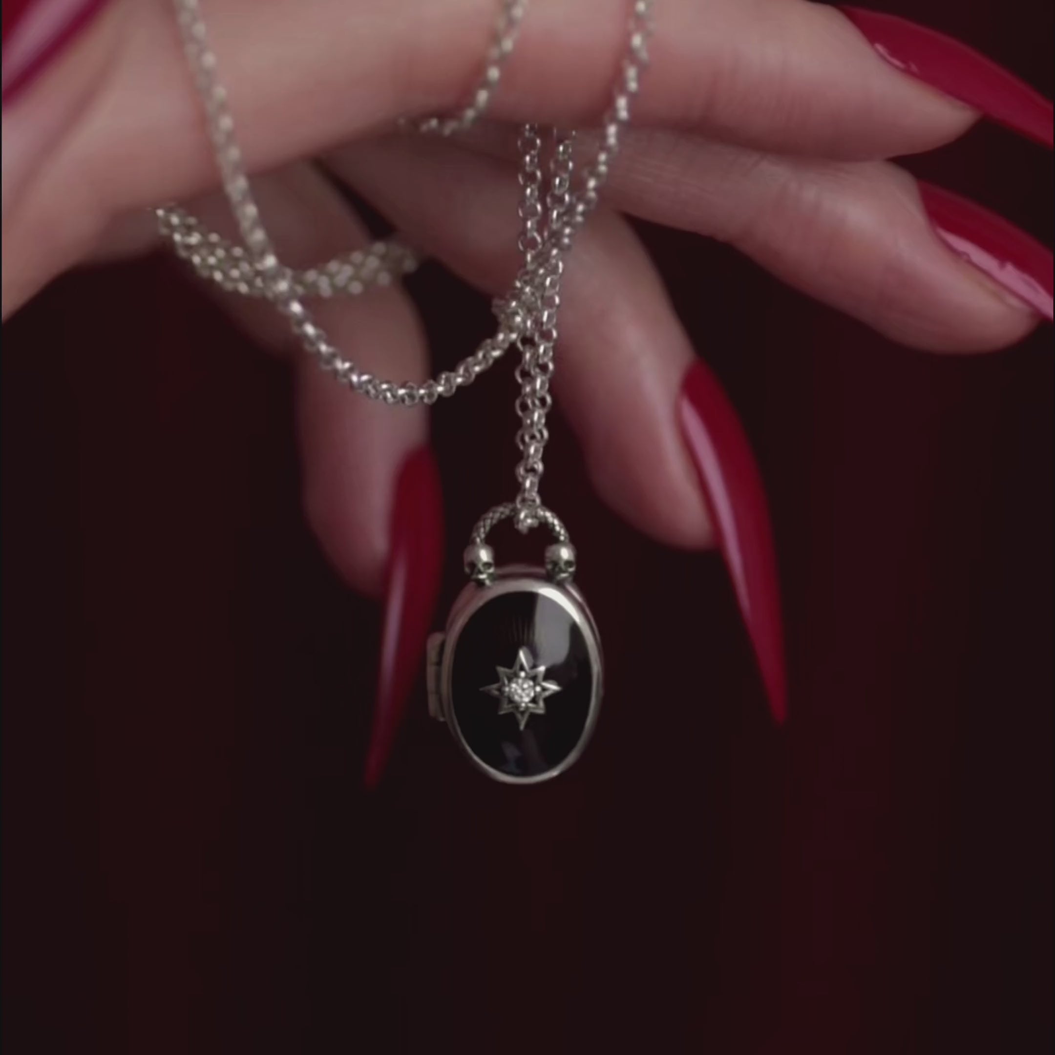THE HEREAFTER. Black Enamel Oval Locket Necklace - Silver