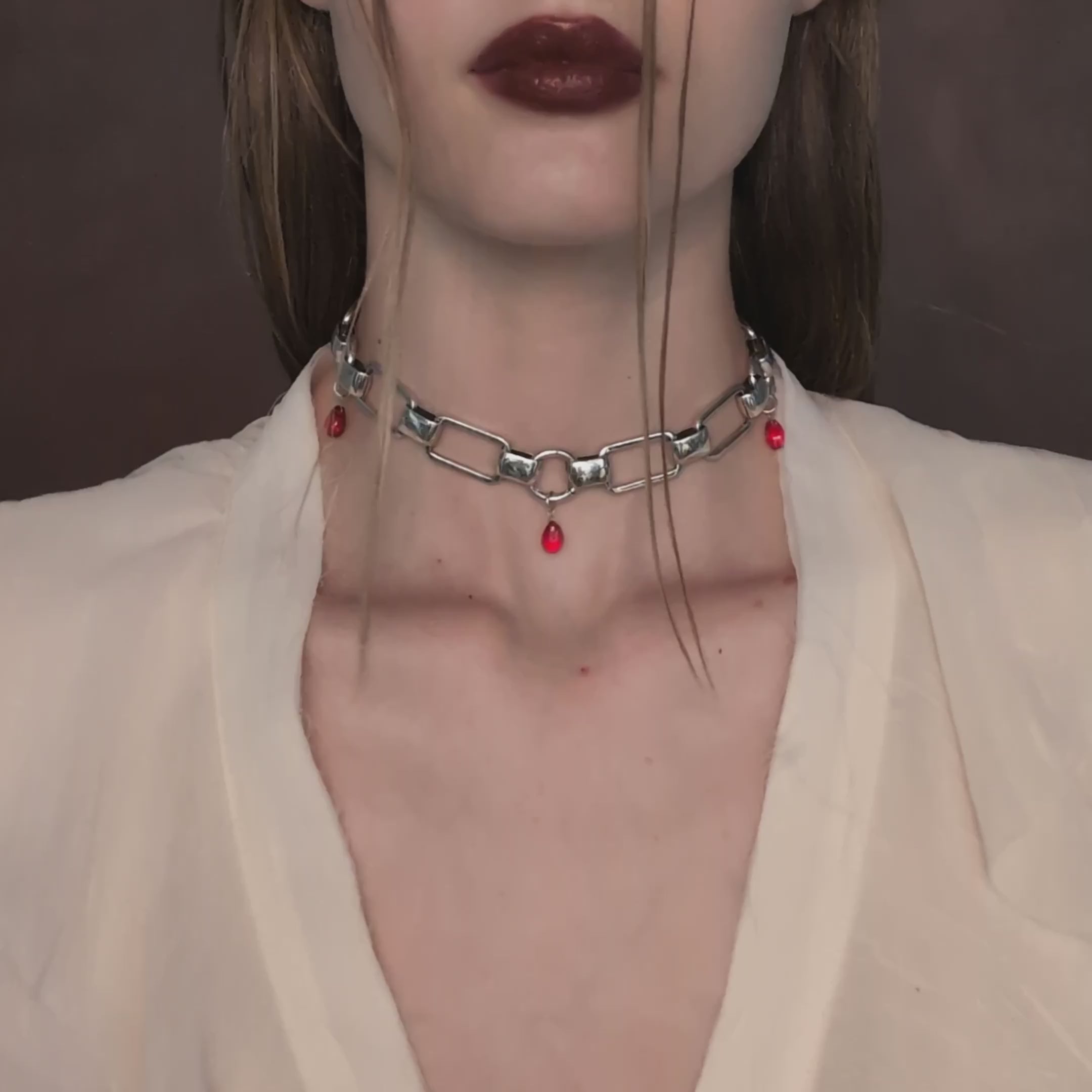 MALEVOLENT. Red Glass Droplet Chunky Chain Choker - Silver