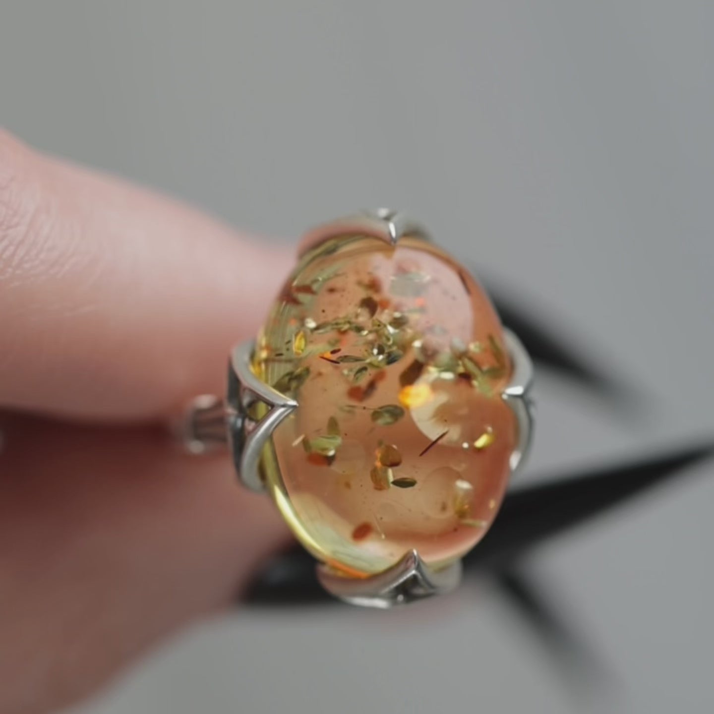 Large Amber cabochon gold ring with Gothic finishes