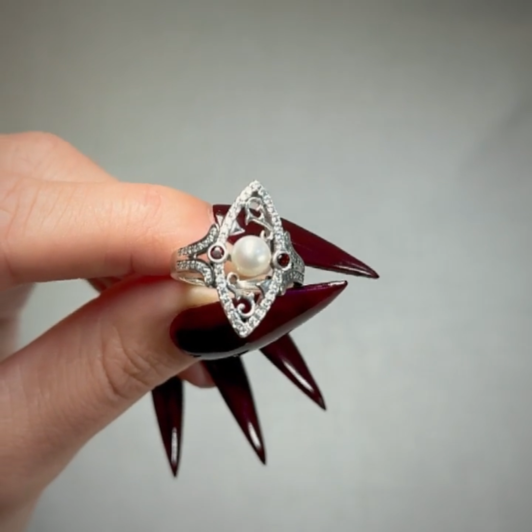 silver pearl art deco gothic ring