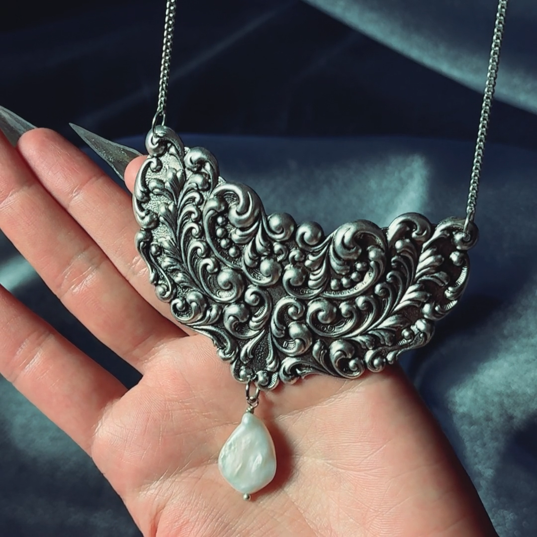 antique filigree plate ornate swirls teardrop pearl gothic silver necklace