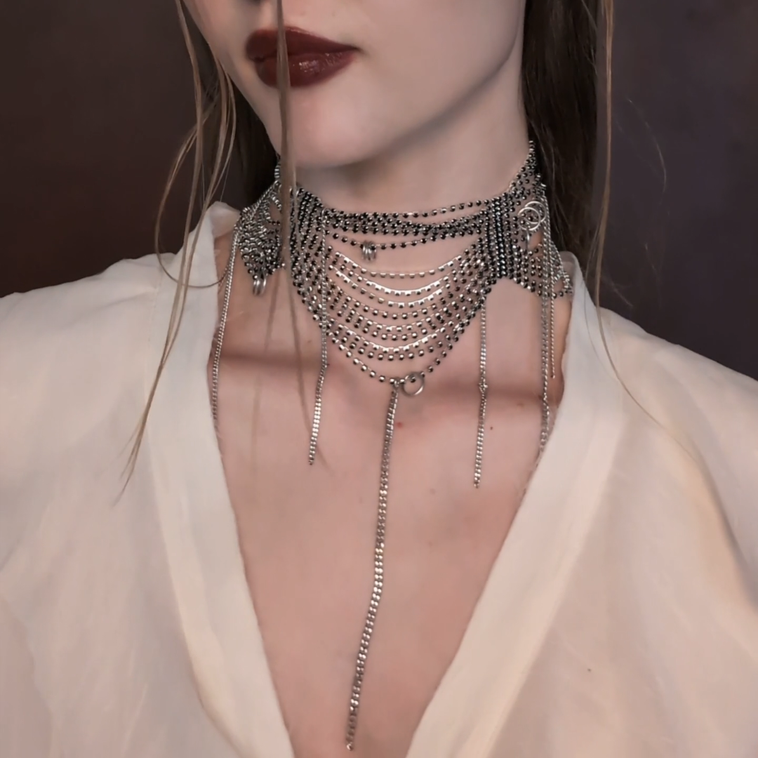 silver dazzle black cz chain drop choker