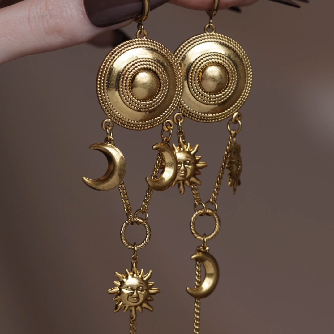 Gold drop gothic sun moon cosmic statement earrings