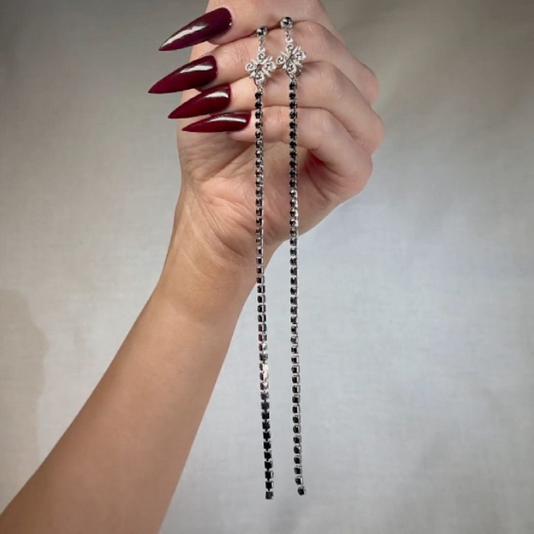 silver black gemstone gothic long earrings