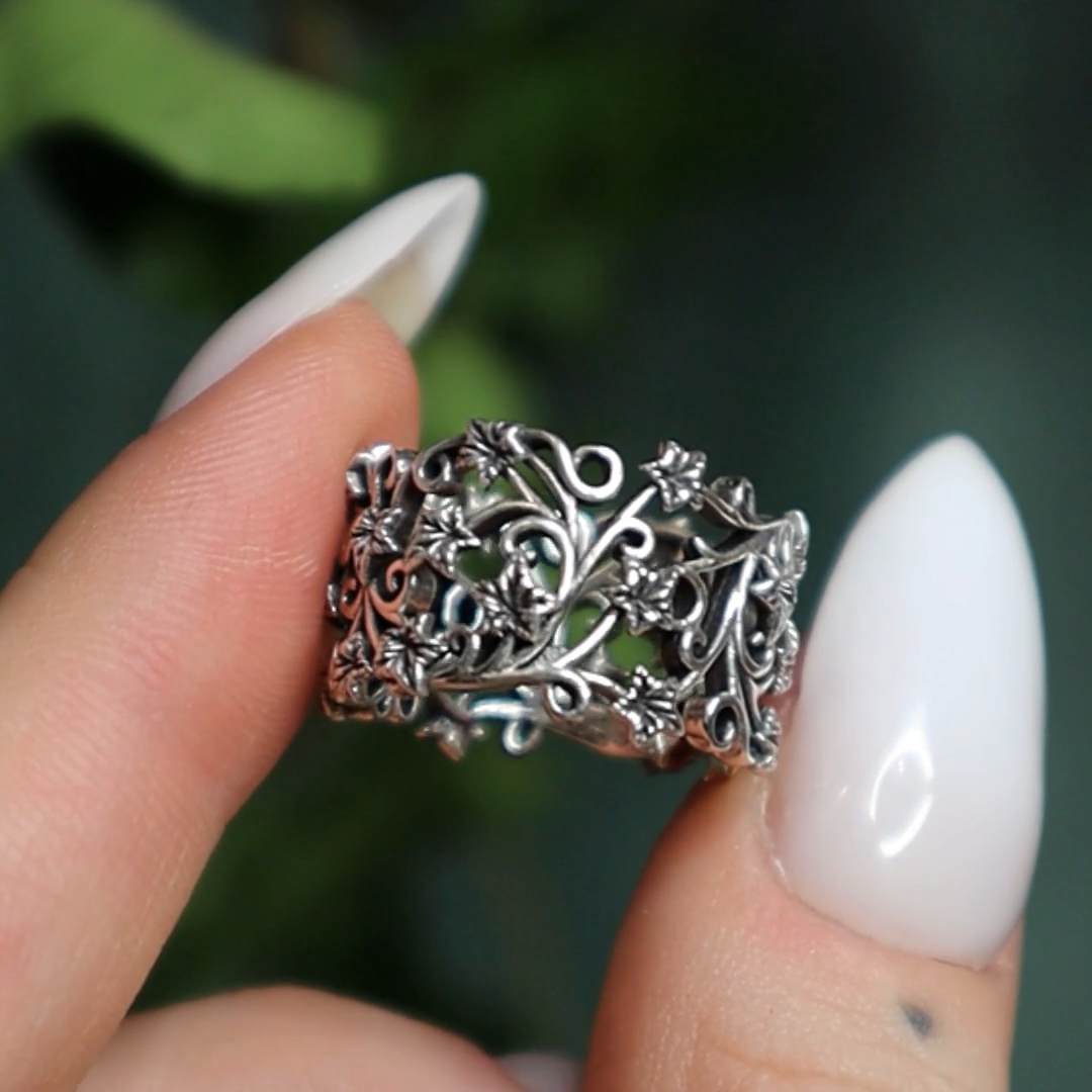 wide climbing ivy leaf hoop band ring silver