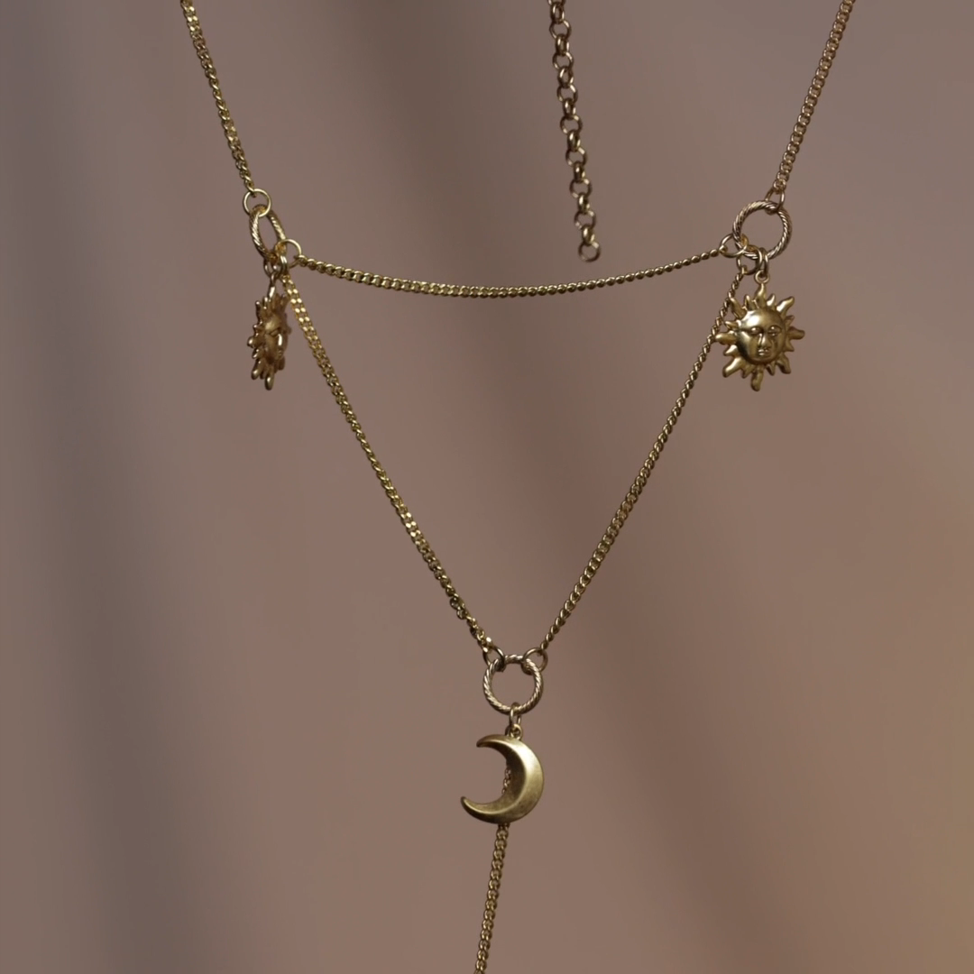 Gold crescent moon layered necklace sun 