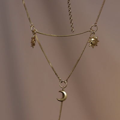 Gold crescent moon layered necklace sun 