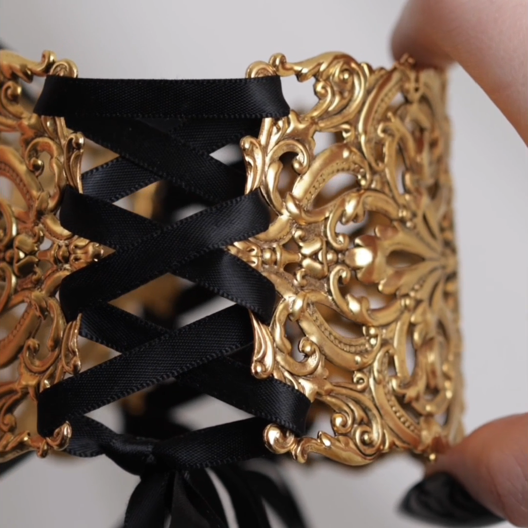 Regina gold grand baroque corset choker intricate detail satin ribbon lace up