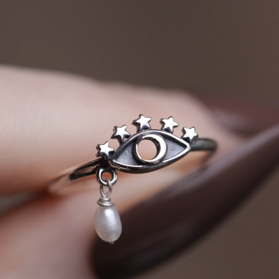 silver crescent moon eye pearl ring