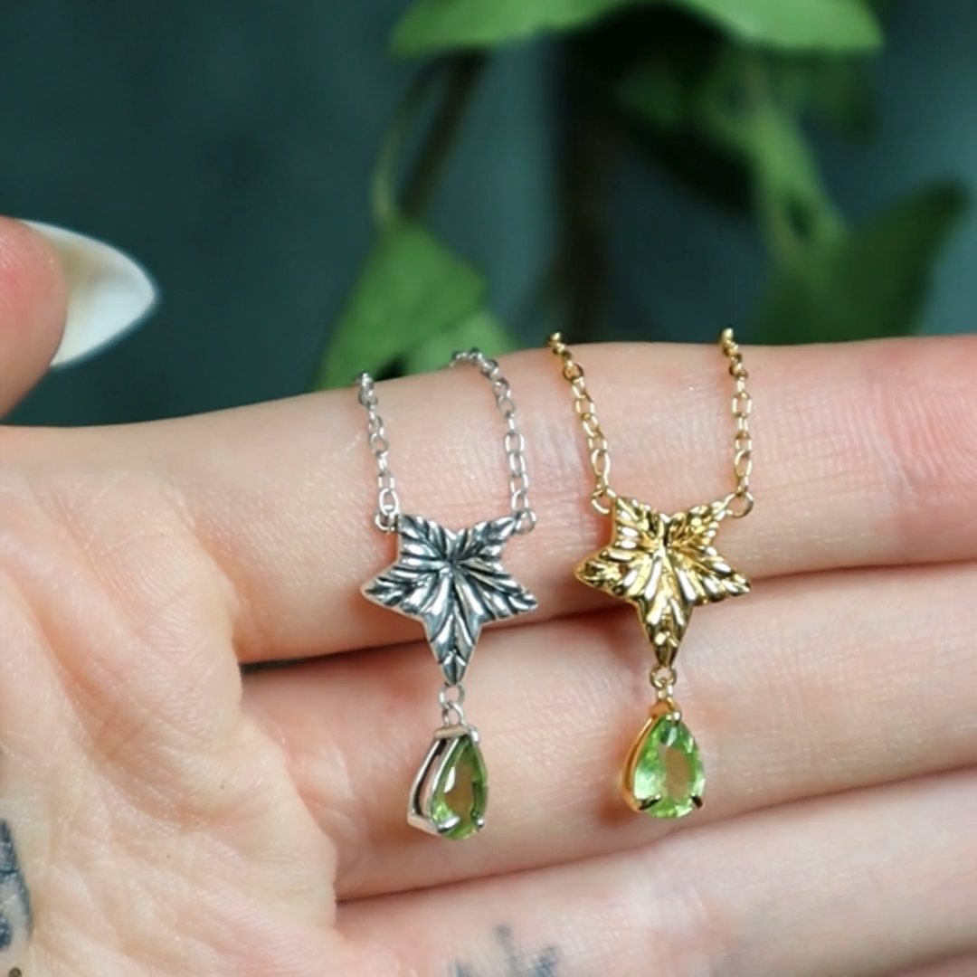 ivy leaf peridot drop necklace silver gold