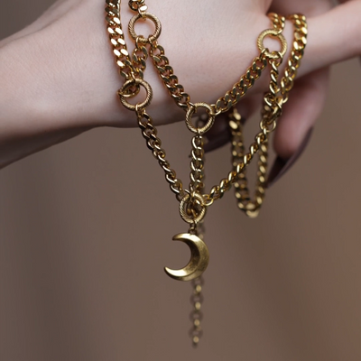 crescent moon double layer gothic chain necklace