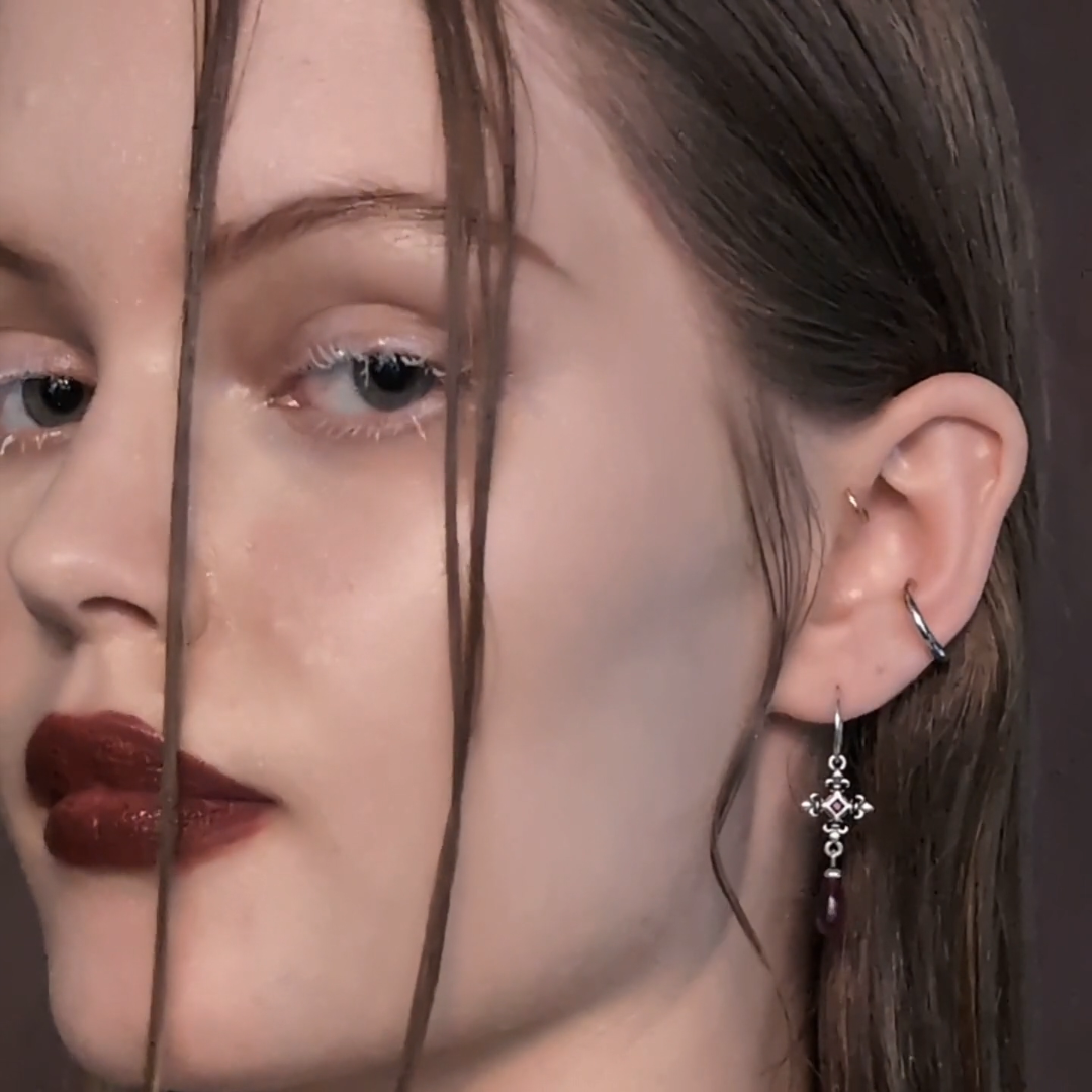 silver medieval cross garnet hoop earrings