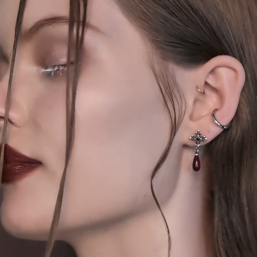 silver medieval cross garnet stud earrings