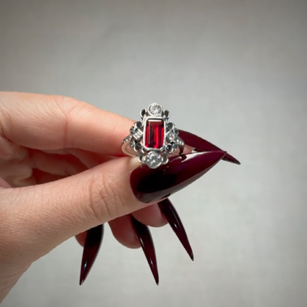 silver gothic garnet cocktail ring