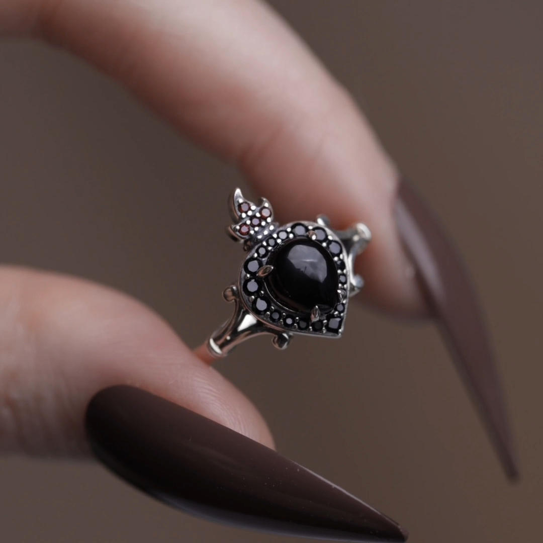 sacred heart black onyx gothic flaming crown garnet ring