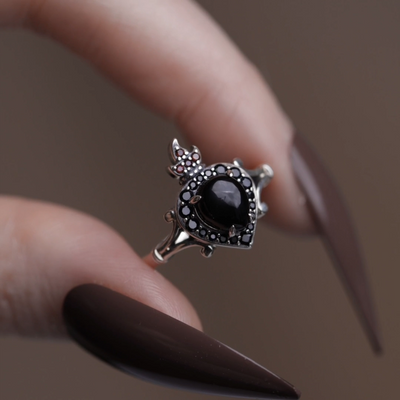 sacred heart black onyx gothic flaming crown garnet ring