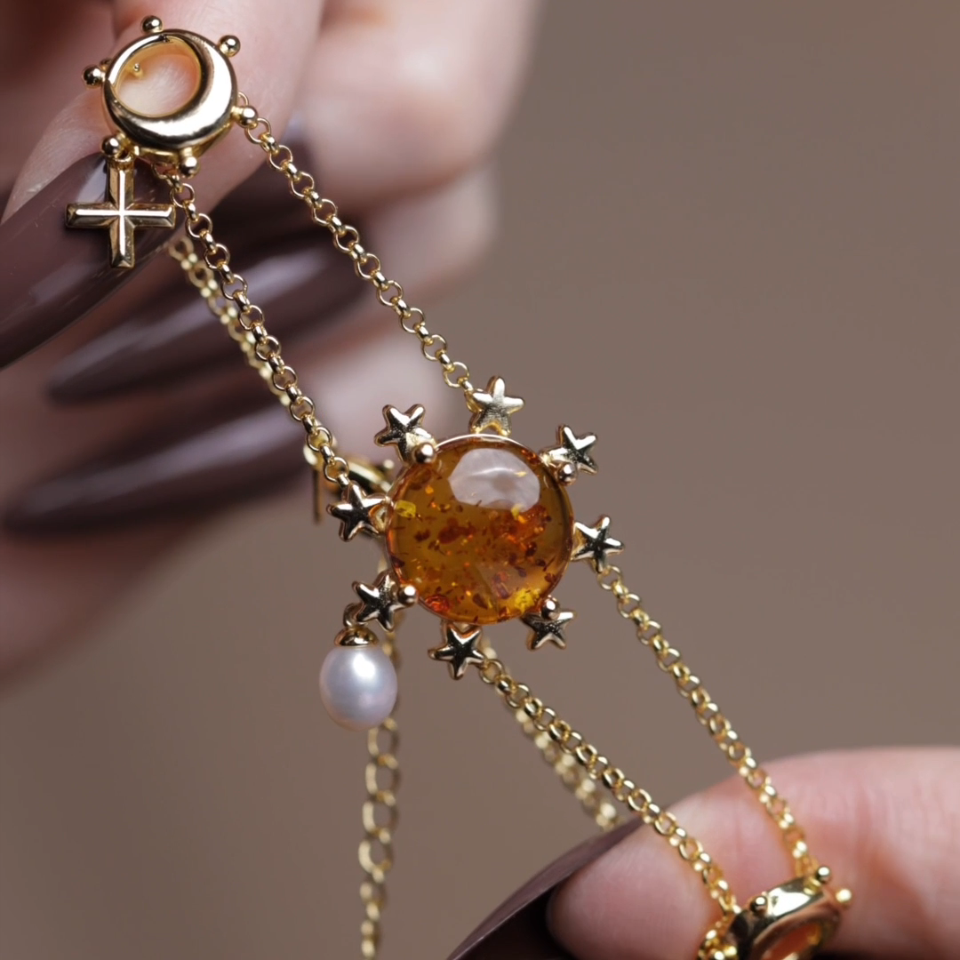 Sun pearl star amber gemstone double layer bracelet