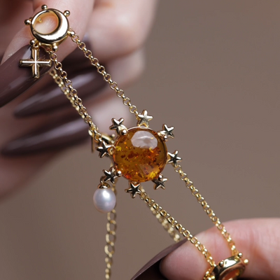 Sun pearl star amber gemstone double layer bracelet
