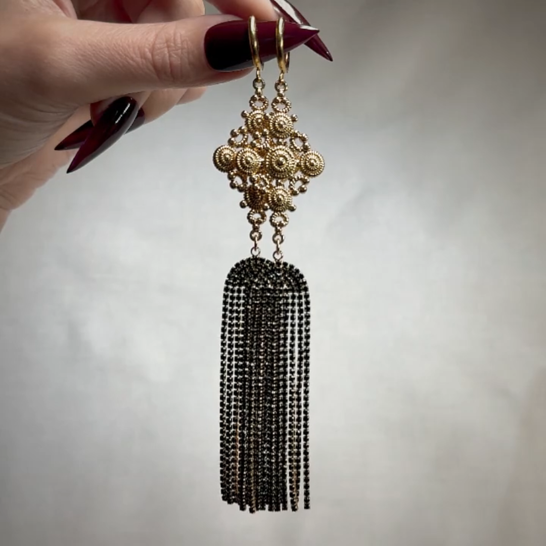 gold black gemstone chandelier vintage inspired earrings