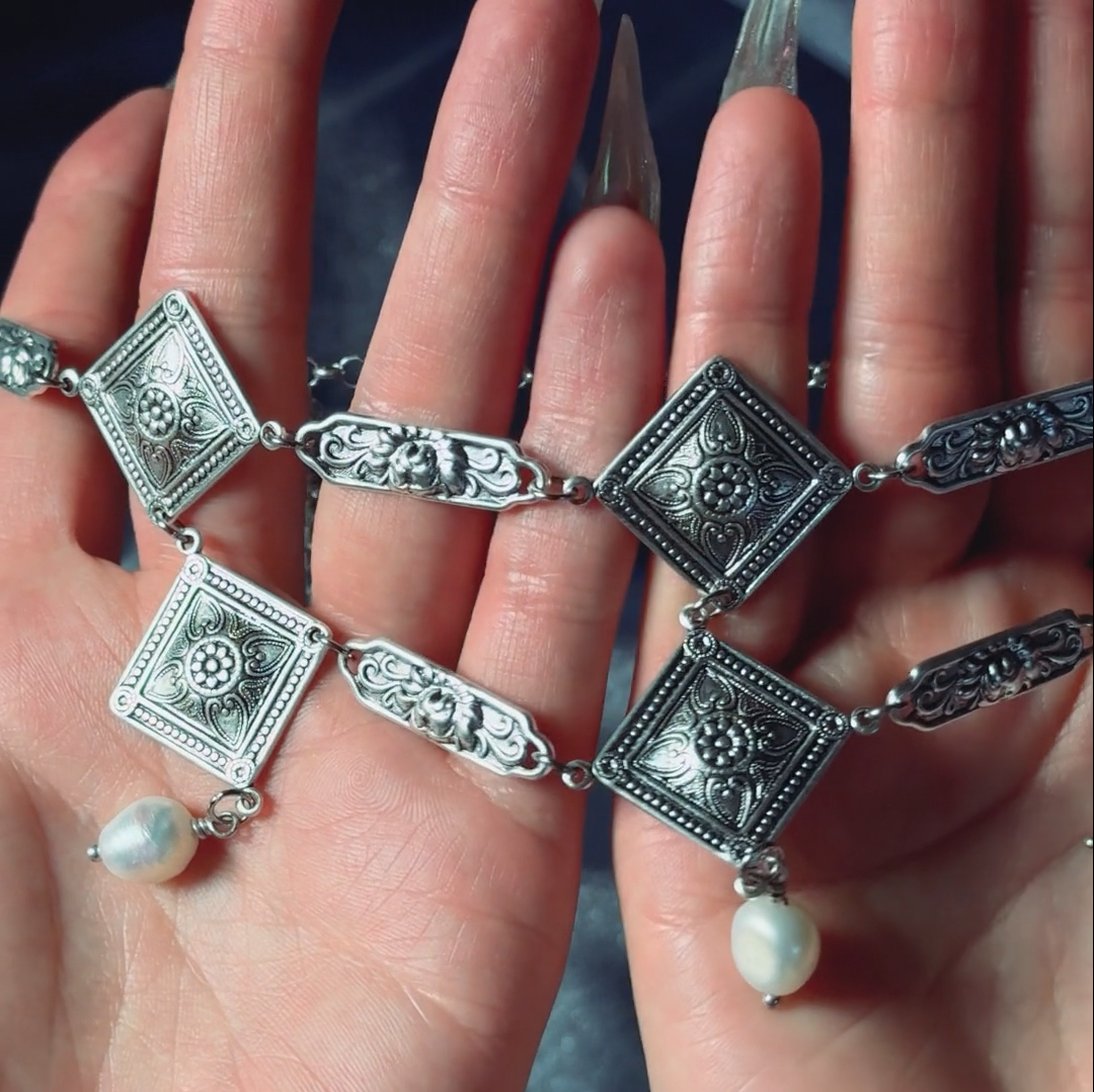 ornate gothic pearl silver choker