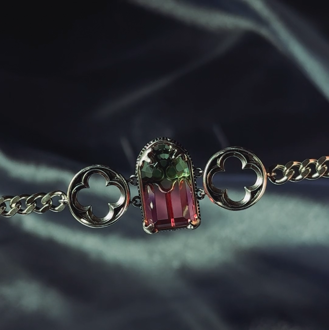 gothic cathedral window green pink tourmaline glass choker silver arch ombré