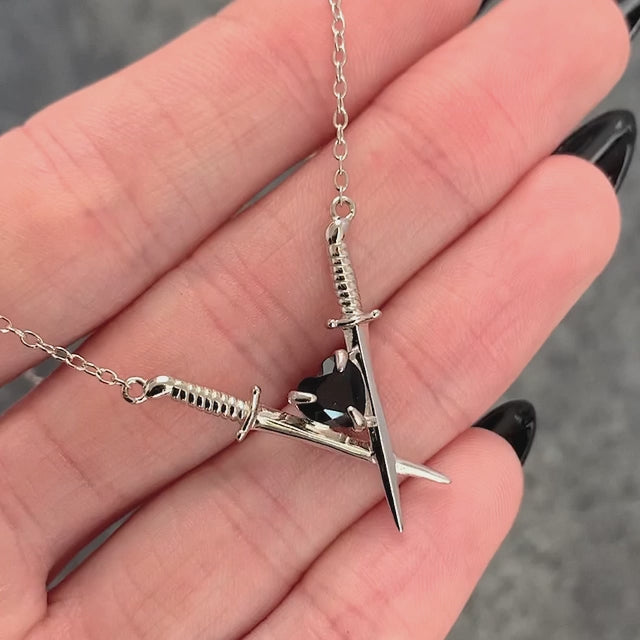 ABJURE. Crossed Swords & Onyx Heart Necklace - Silver