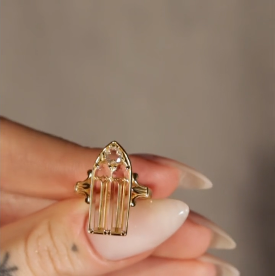 Cathedral Window Glass Gold Gothic Ring