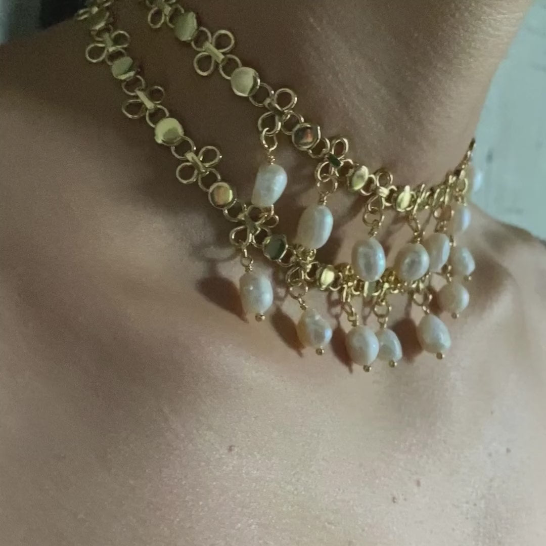 VALOUR. Double Chain Pearl Drop Choker - Gold