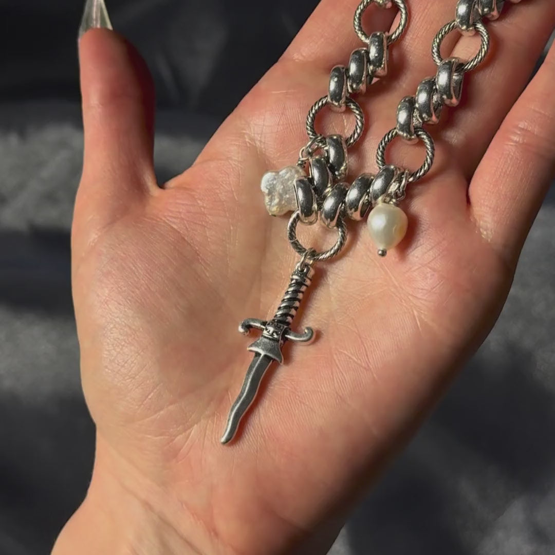 FORTUNE. Dagger & Pearl Charm Necklace - Silver