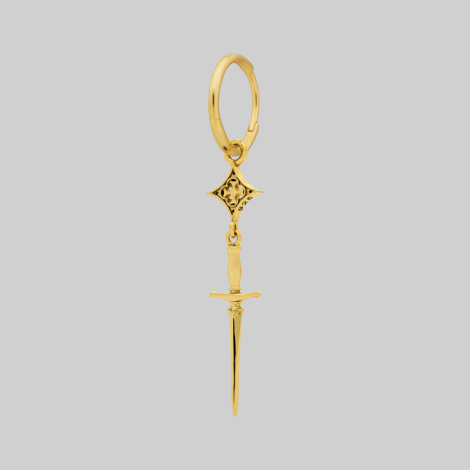 Gold dagger elizabethan ornate hoop earrings