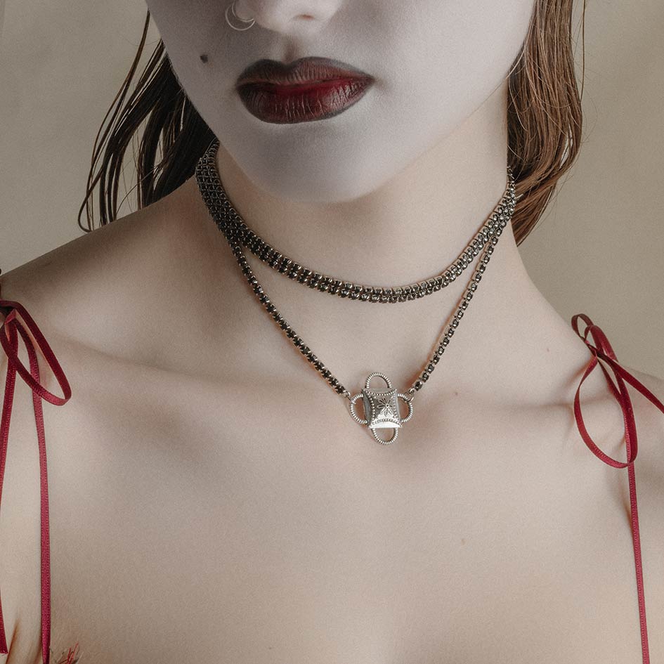 silver gothic black gemstone double layer necklace