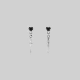 REIGN. Black Spinel Heart & Dagger Drop Earrings - Silver